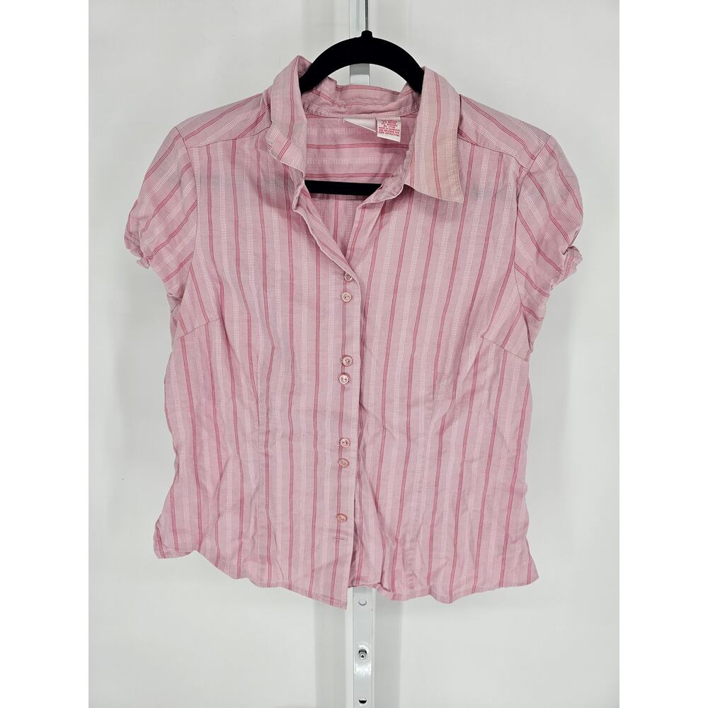 Y2k Xhilaration Womens Pink Striped Short Sleeve Cotton Button Down Top Size Xxl